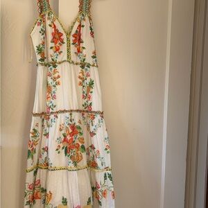 FARM Rio White Maxi Dress with Orange, Green & Pink Floral Embroidery